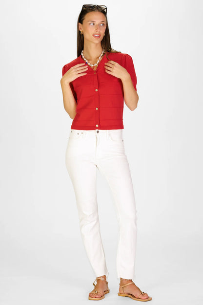 Puff Sleeve Textured Stripe Cardigan in Red Orange