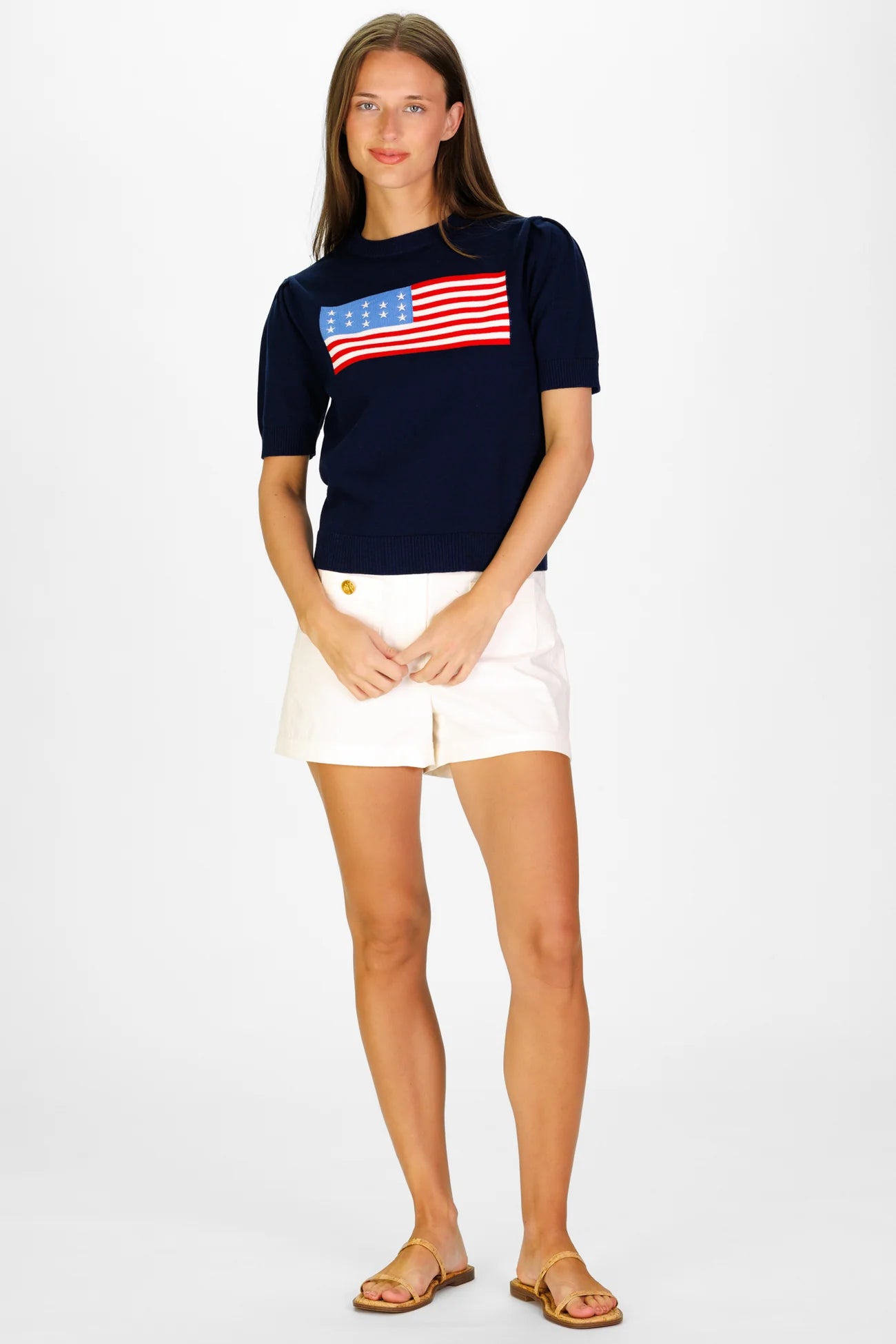 Puff Sleeve Flag Sweater in Navy