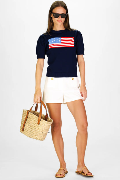 Puff Sleeve Flag Sweater in Navy