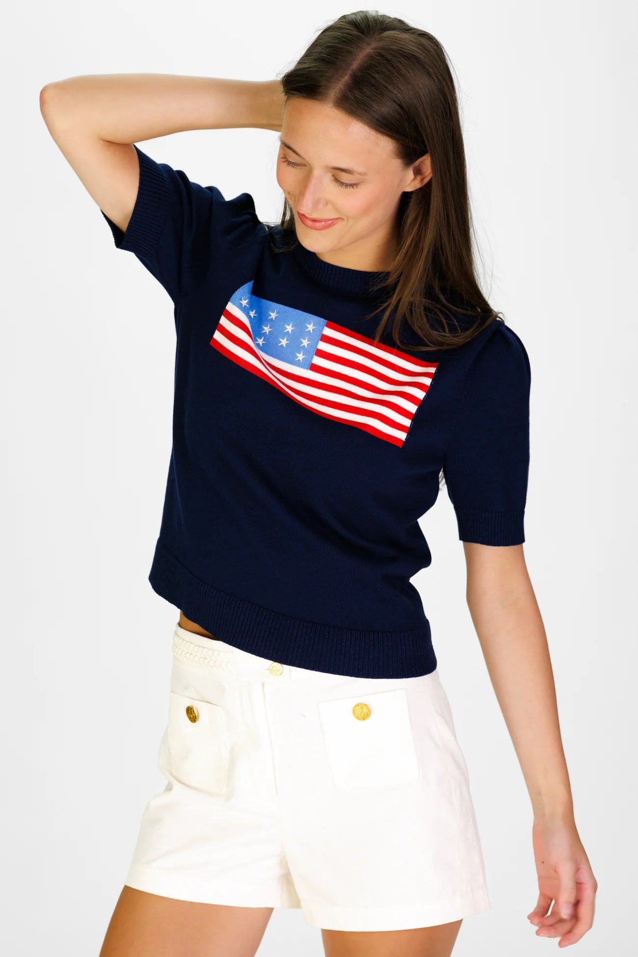 Puff Sleeve Flag Sweater in Navy