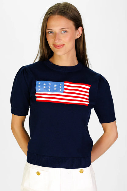 Puff Sleeve Flag Sweater in Navy