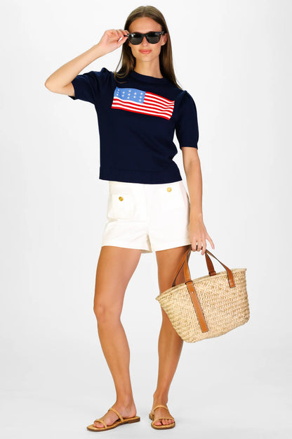Puff Sleeve Flag Sweater in Navy