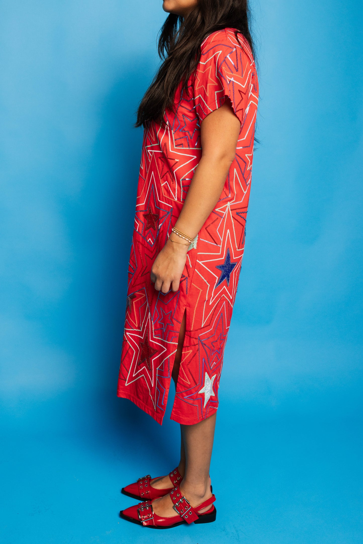 Red, White & Blue Groovy Star Midi Tee Dress