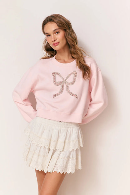 Rylan Embellished Bow Fleece Pullover - Wistful Pink