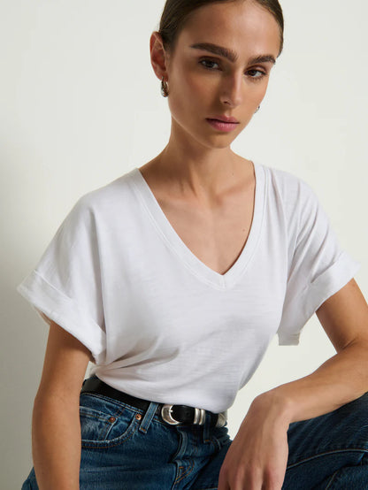 Stevie Cuffed V-Neck - Optic White