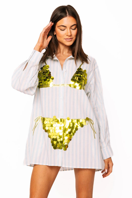 Blue & White Stripe Cotton Button Up With Gold Bikini Tunic