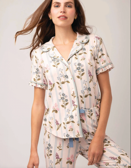 Short Sleeve Pajama Ruffle Top Blooming Stripe