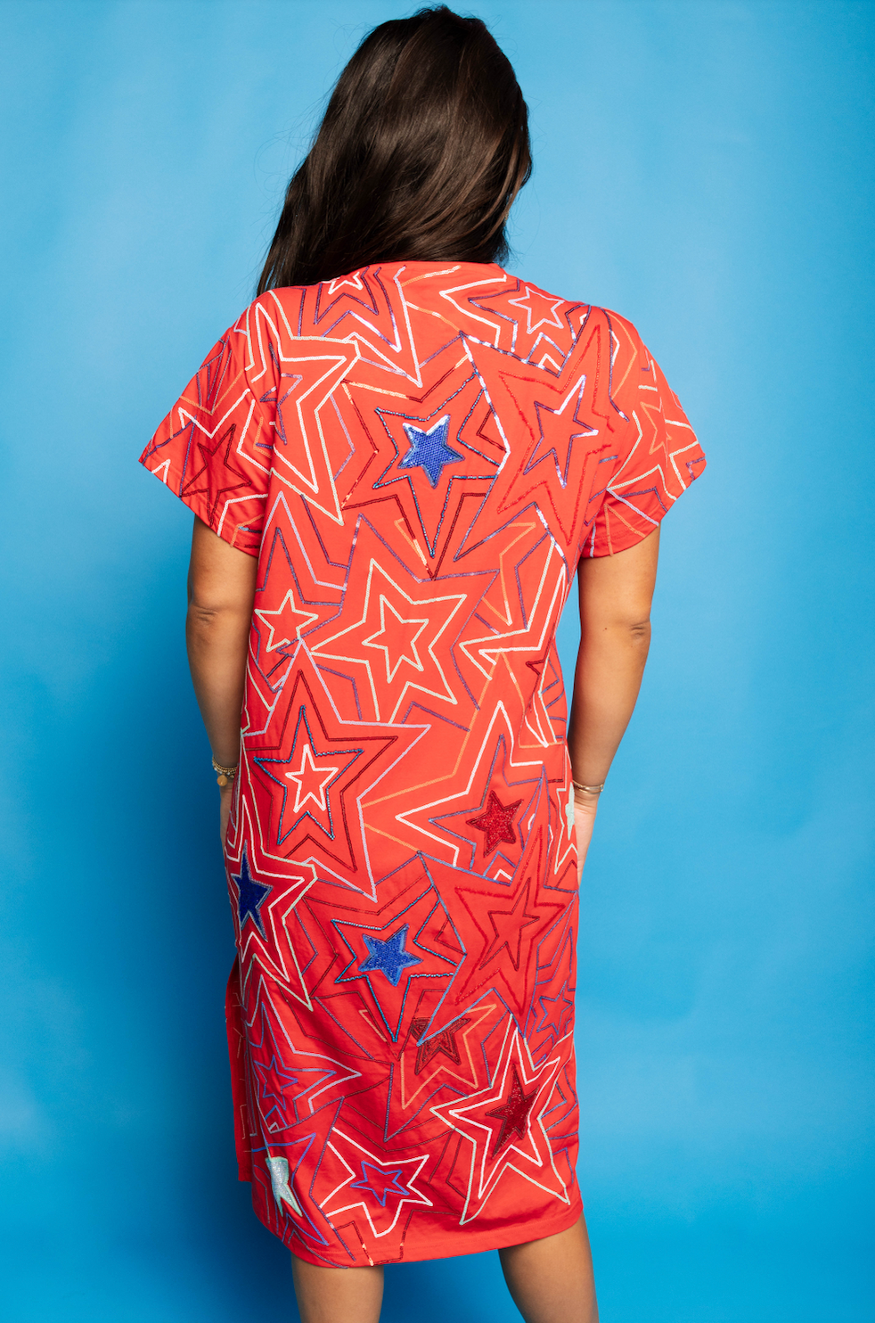 Red, White & Blue Groovy Star Midi Tee Dress