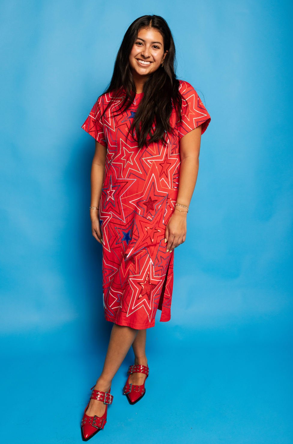 Red, White & Blue Groovy Star Midi Tee Dress