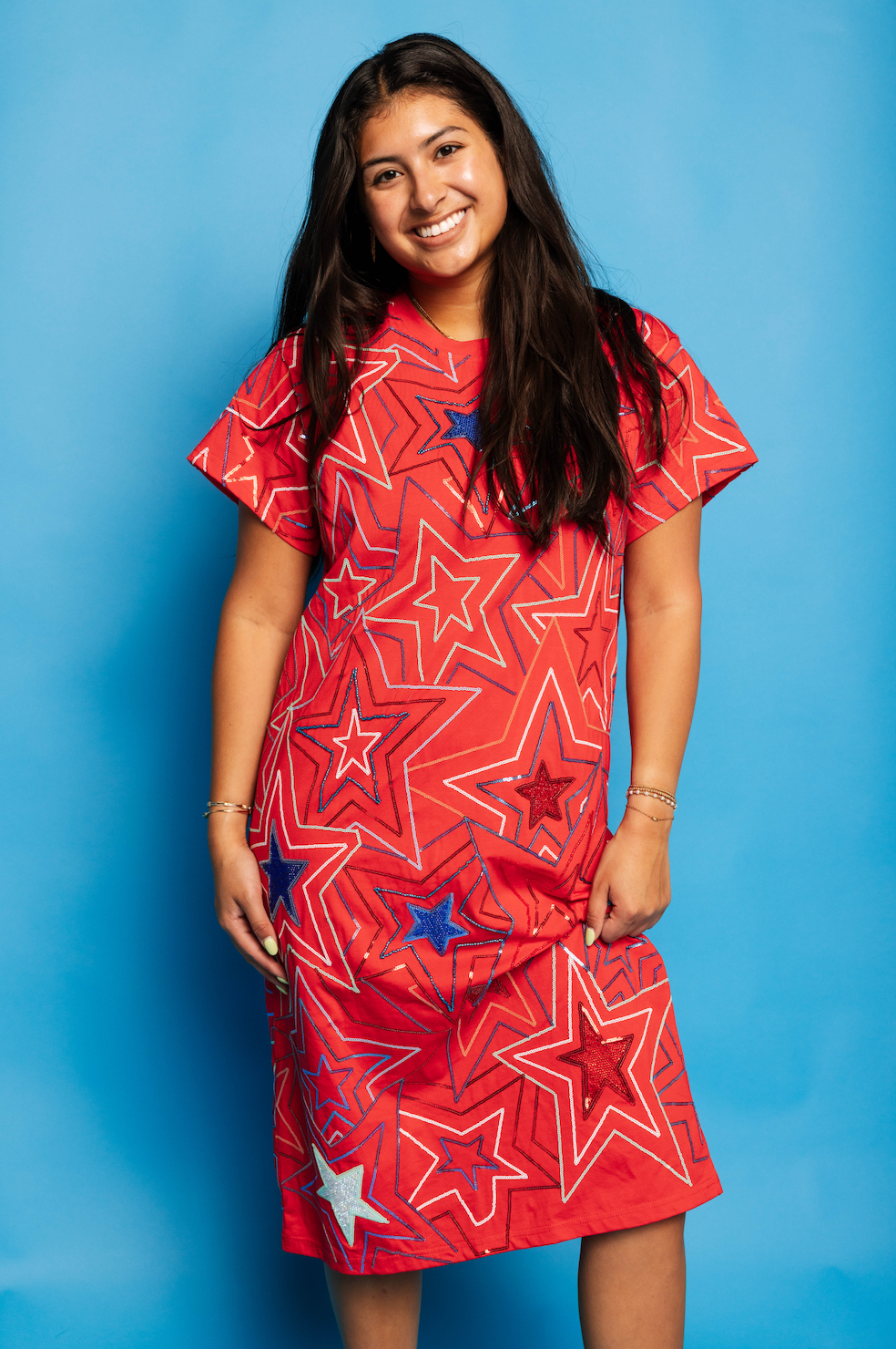 Red, White & Blue Groovy Star Midi Tee Dress