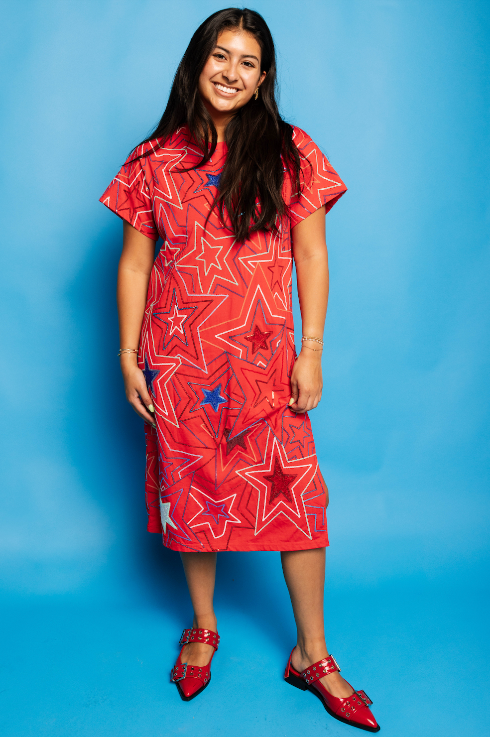 Red, White & Blue Groovy Star Midi Tee Dress