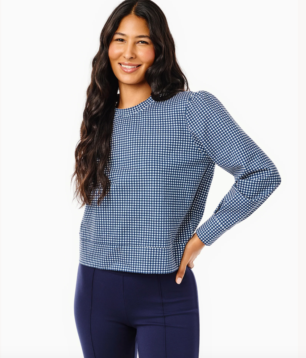 Ponte Beta Bow Pullover Sweatshirt - Navy Gingham