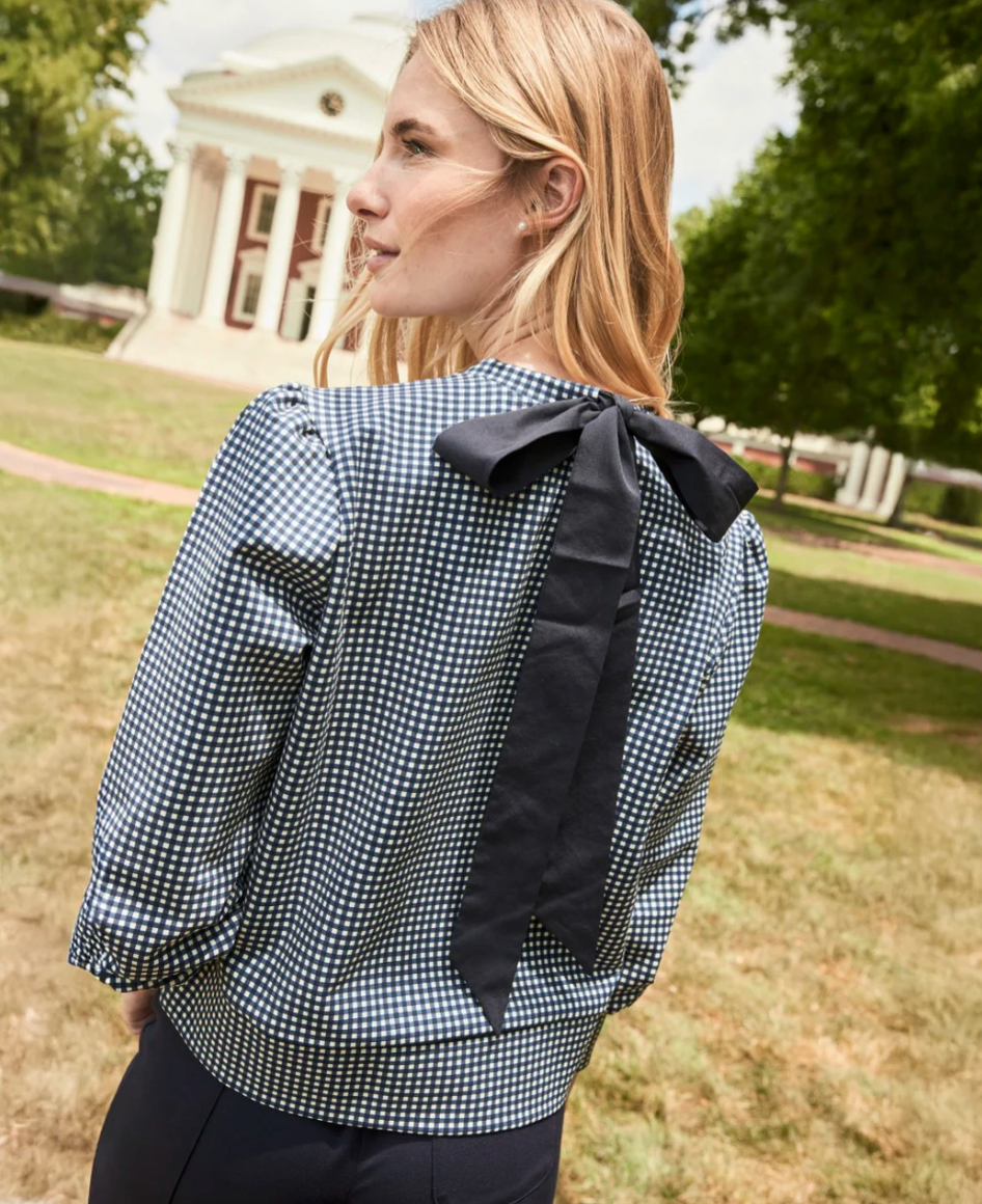 Ponte Beta Bow Pullover Sweatshirt - Navy Gingham