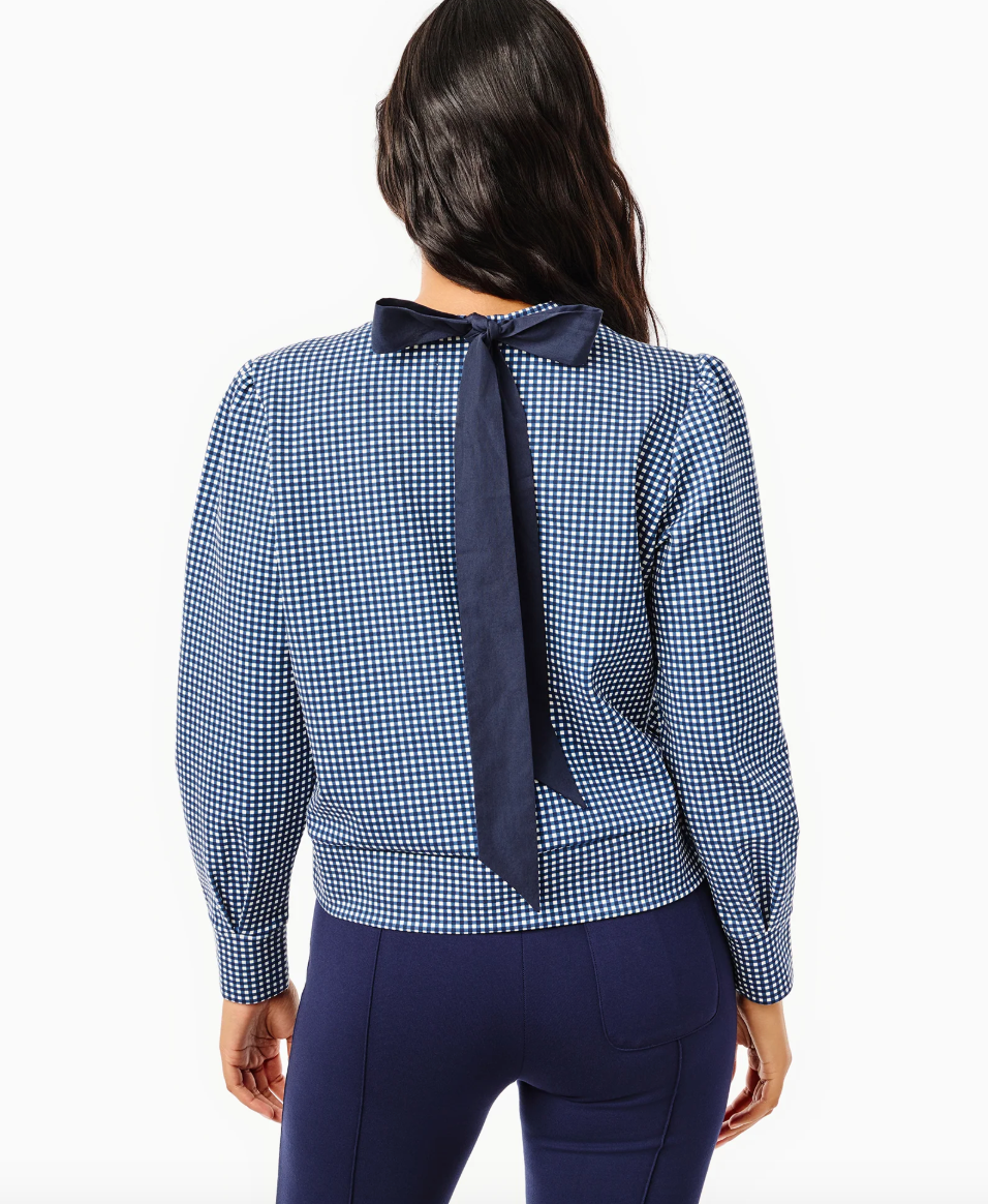 Ponte Beta Bow Pullover Sweatshirt - Navy Gingham