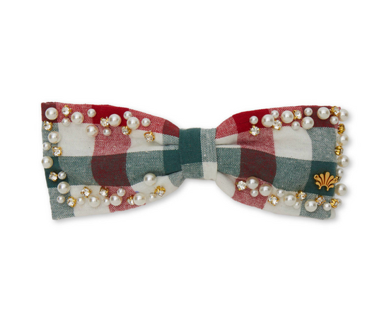 Riley Pearl Sprinkle Bow Barrette - Christmas Gingham