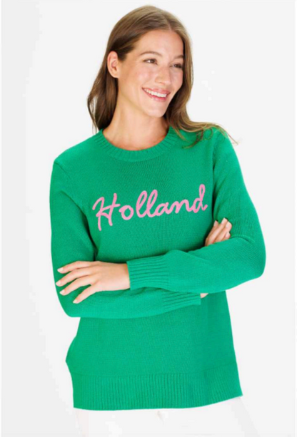 Crew Neck Holland Sweater - Kelly Green/Pink