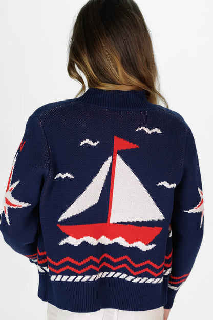 Shawl Neck Cardigan in Navy Sailboats