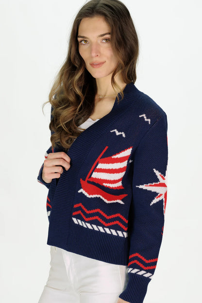 Shawl Neck Cardigan in Navy Sailboats