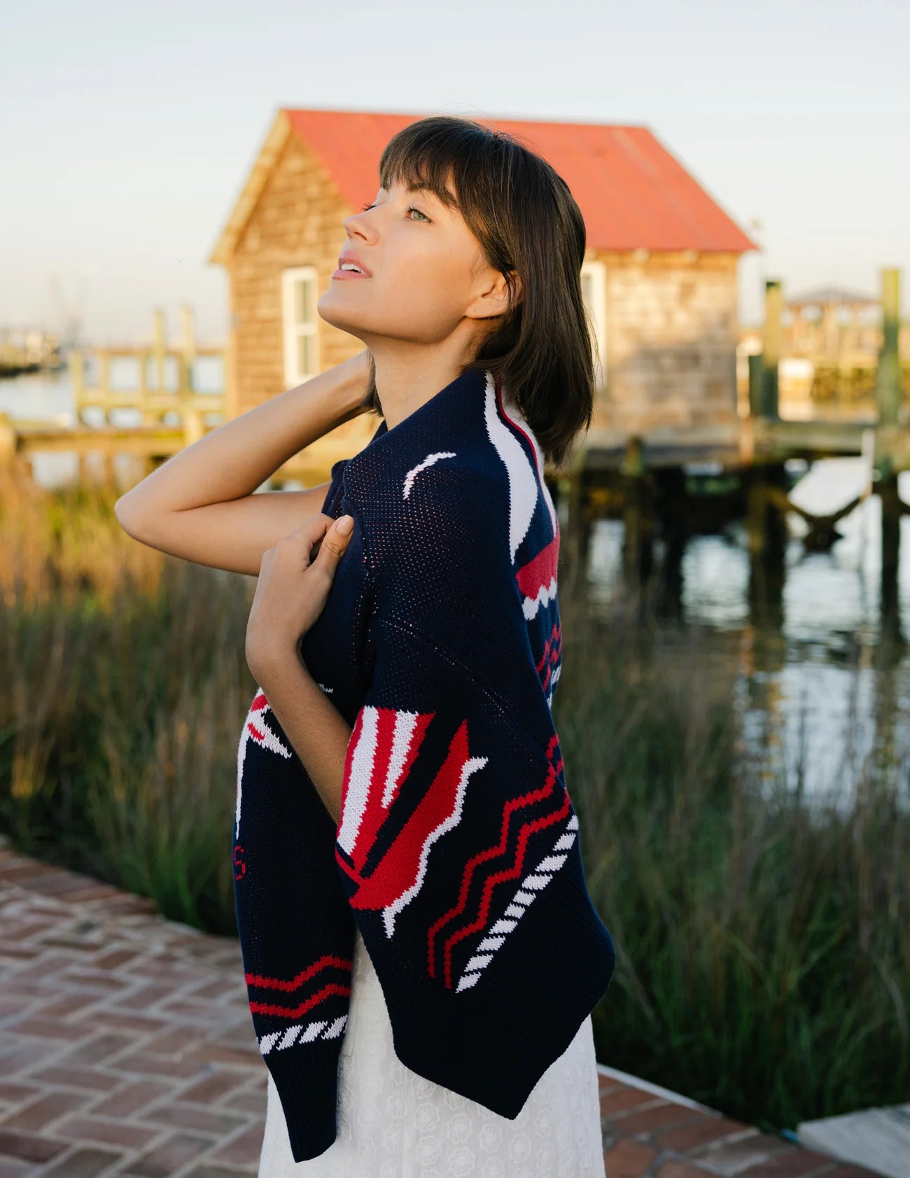 Shawl Neck Cardigan in Navy Sailboats