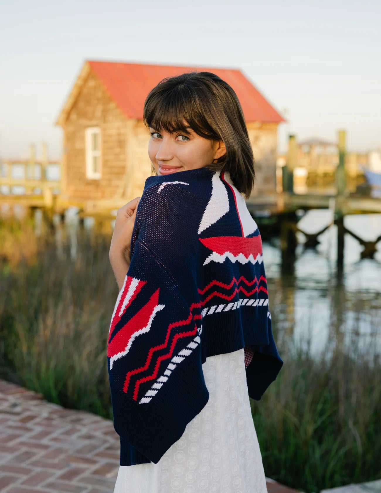 Shawl Neck Cardigan in Navy Sailboats