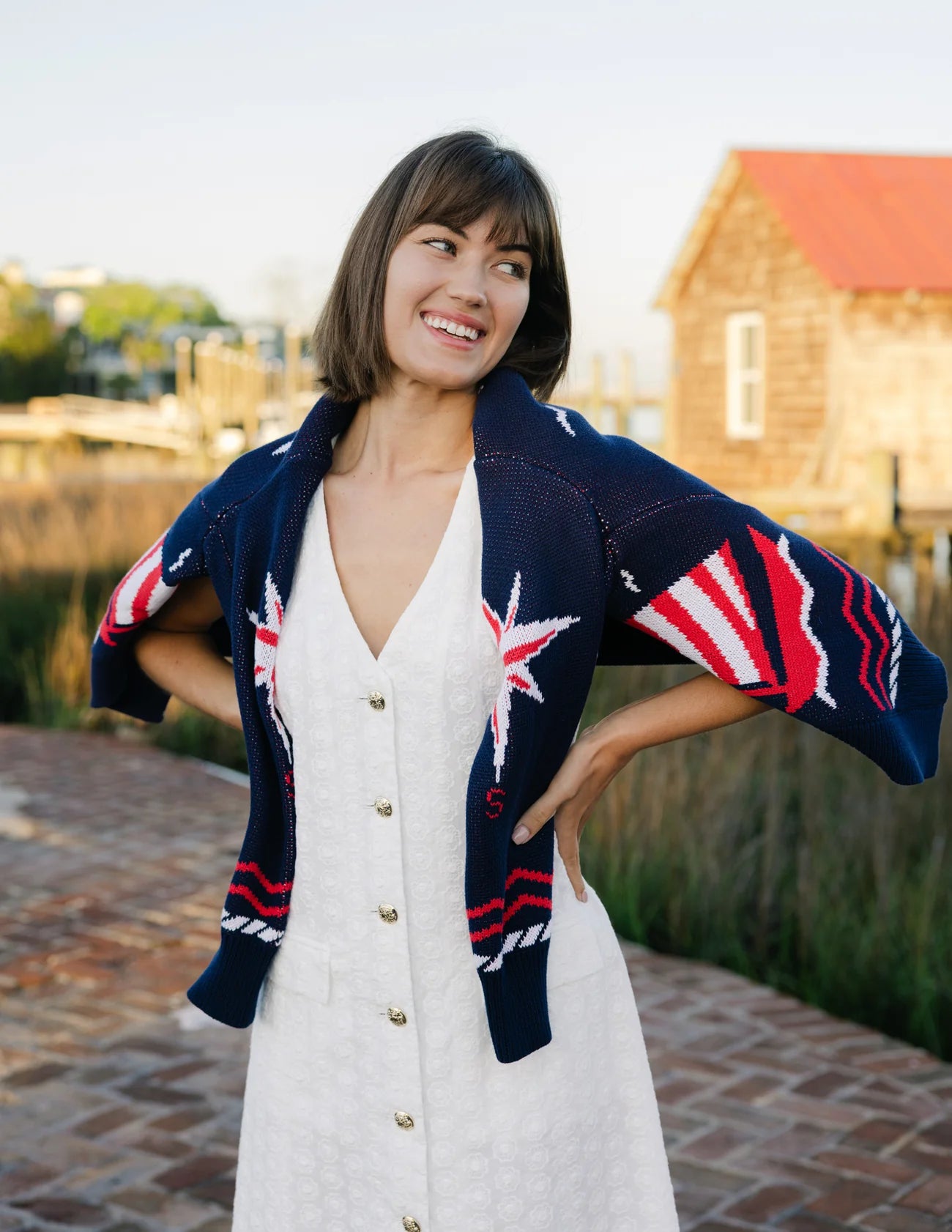 Shawl Neck Cardigan in Navy Sailboats
