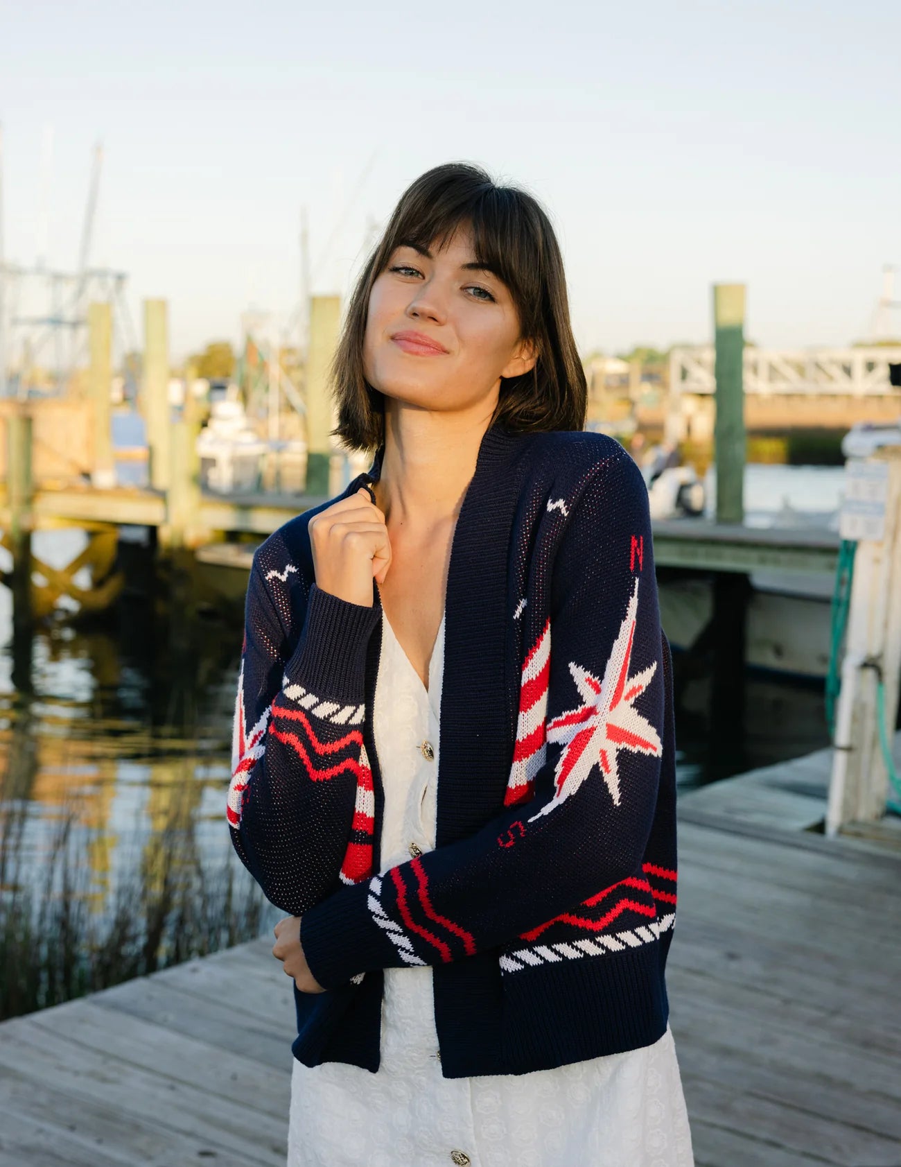 Shawl Neck Cardigan in Navy Sailboats