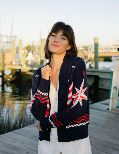 Shawl Neck Cardigan in Navy Sailboats