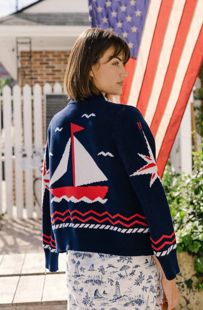 Shawl Neck Cardigan in Navy Sailboats
