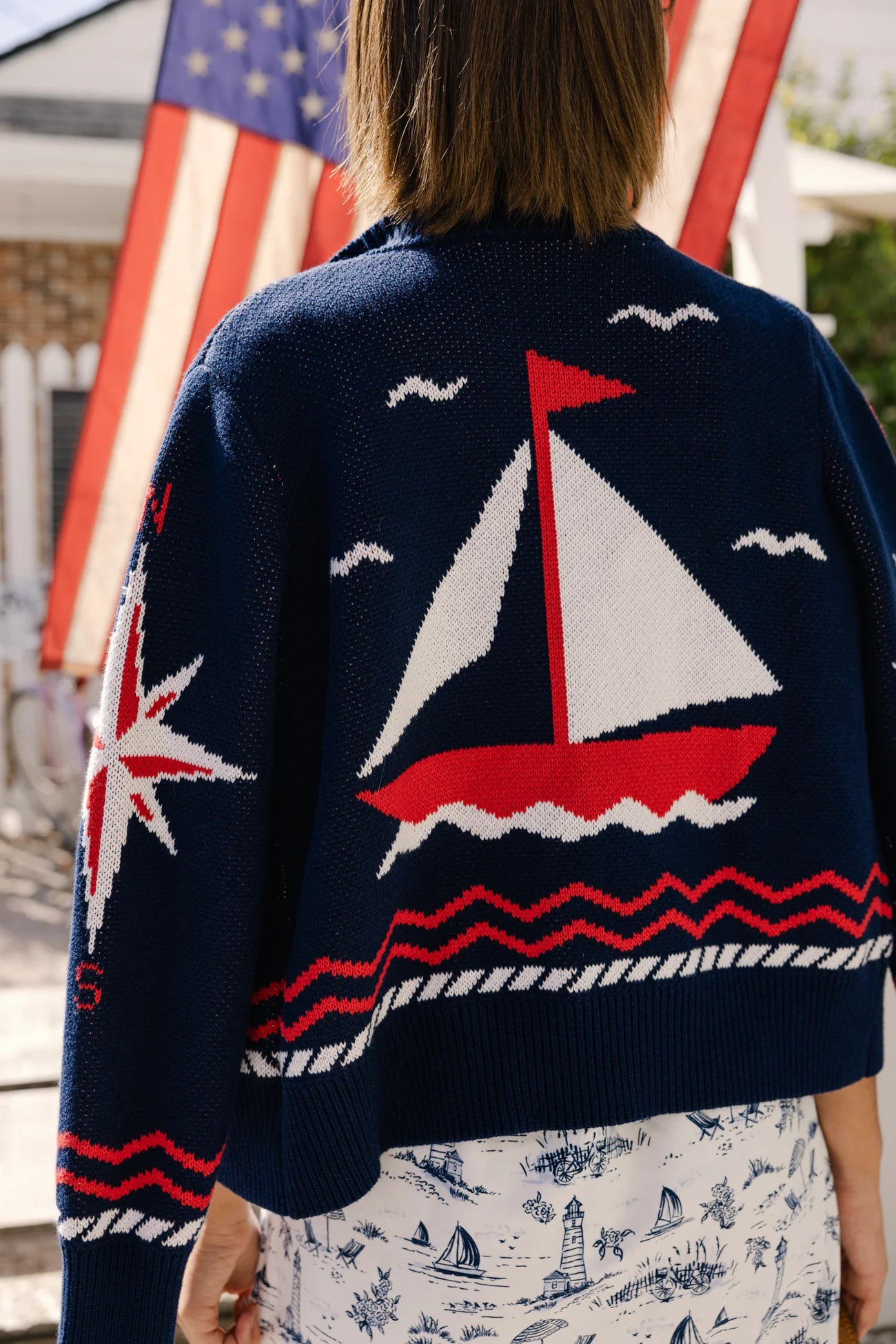 Shawl Neck Cardigan in Navy Sailboats