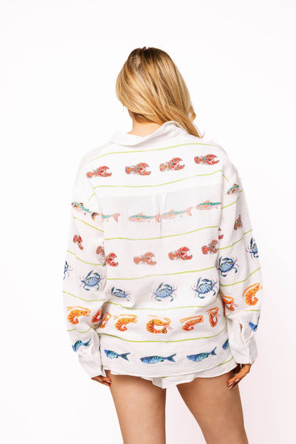 White Striped Seafood Gauze Short