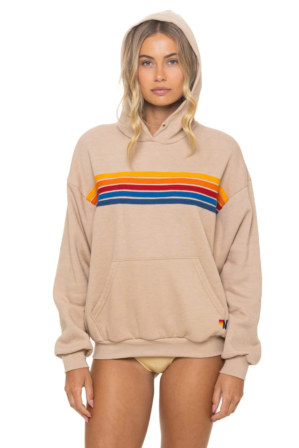 5 Stripe Relaxed Pullover Hoodie - Sand