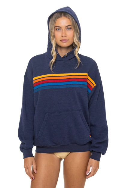 5 Stripe Relaxed Pullover Hoodie - Navy