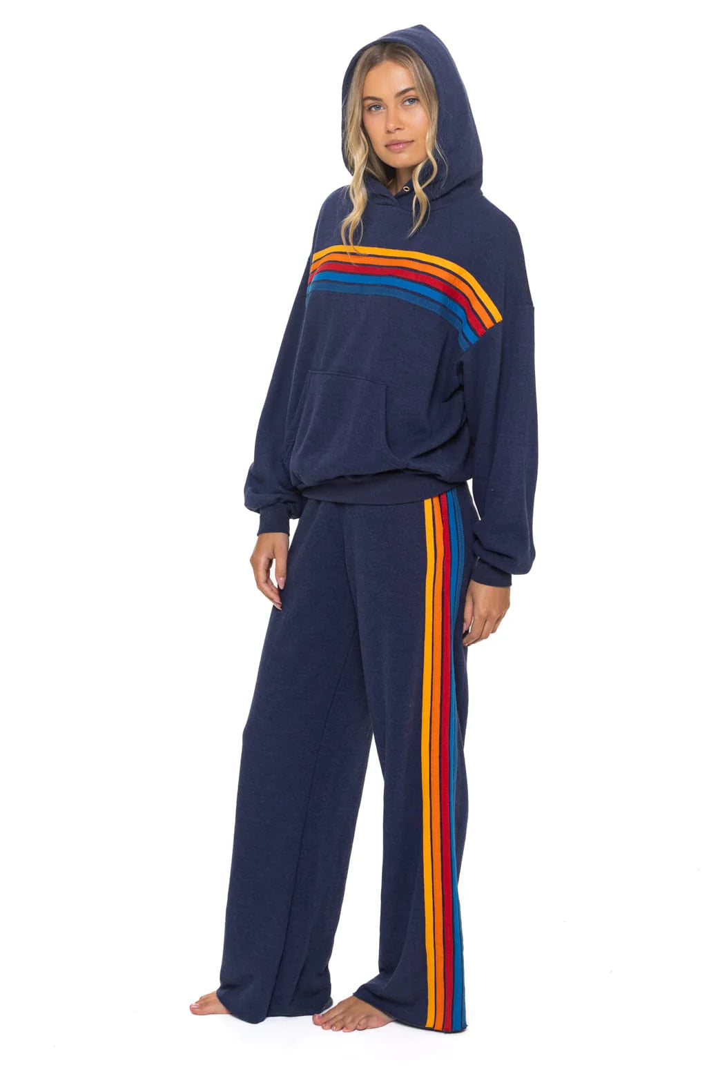 5 Stripe Relaxed Pullover Hoodie - Navy