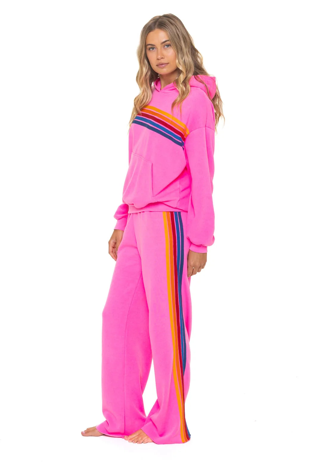 5 Stripe Wide Leg Pocket Sweatpants - Neon Pink