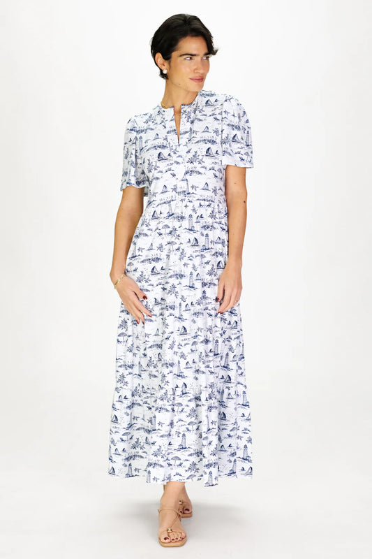 Taryn Dress in White with Navy Toile
