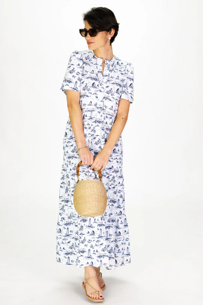 Taryn Dress in White with Navy Toile