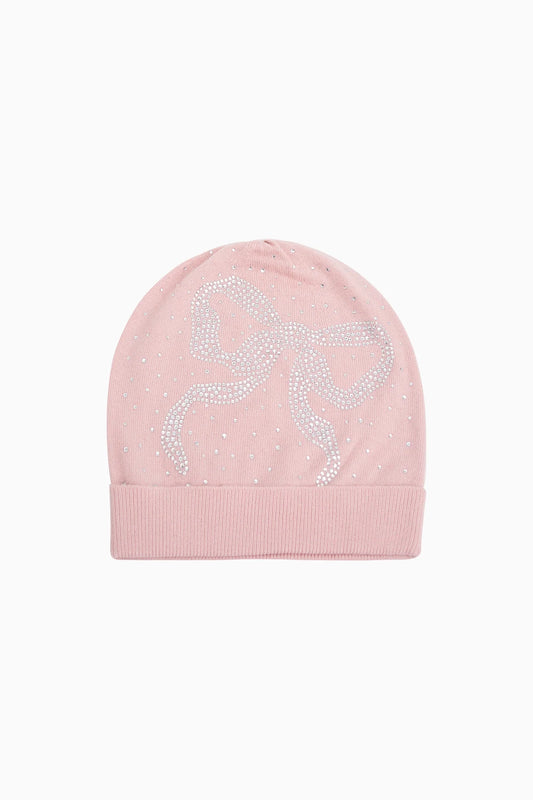 Yzabelle Rhinestone Bow Beanie - Pink Salt