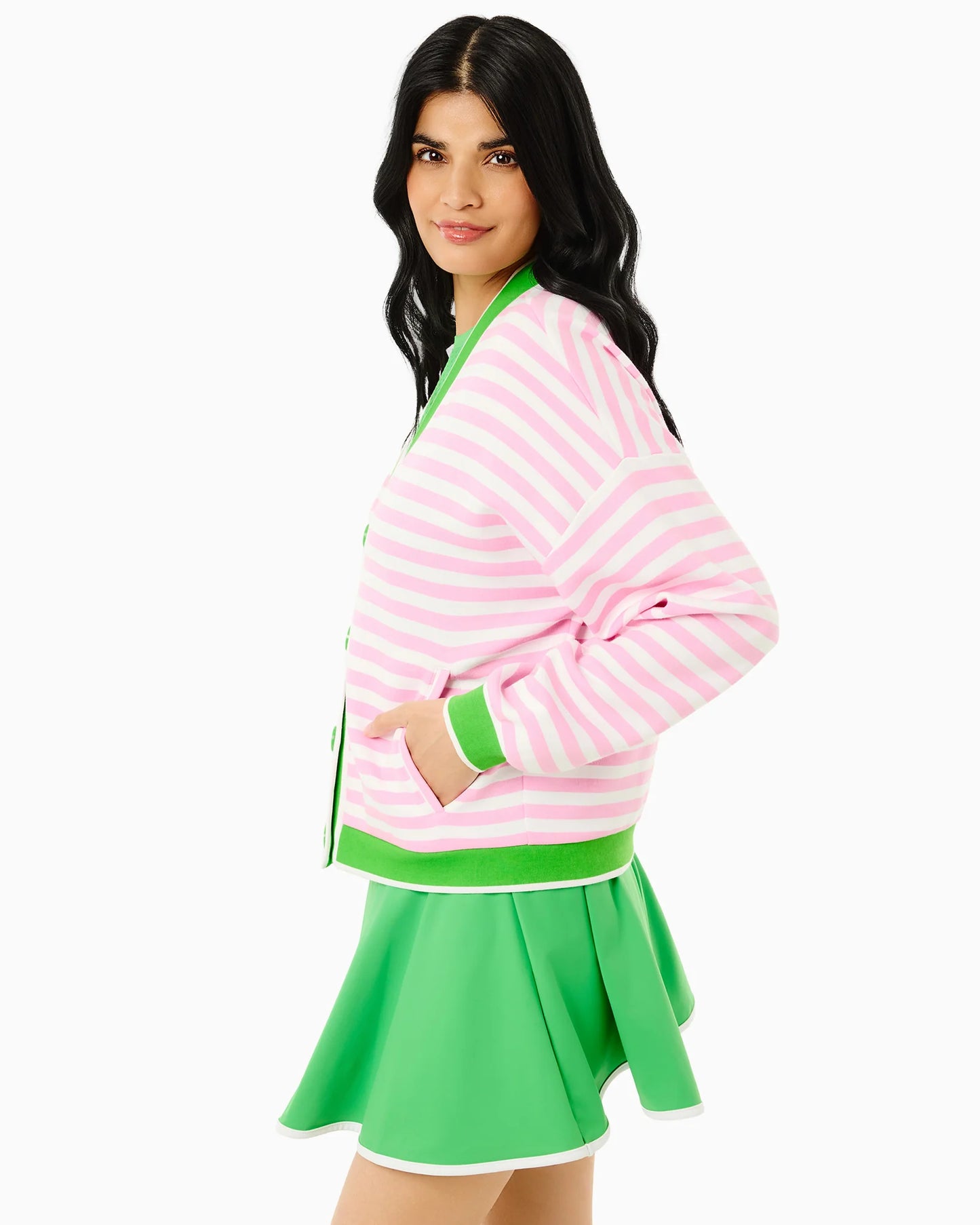 Soft Luxe Abbott Sweatshirt Cardigan - Bubblegum/Super White Stripe/Key Lime