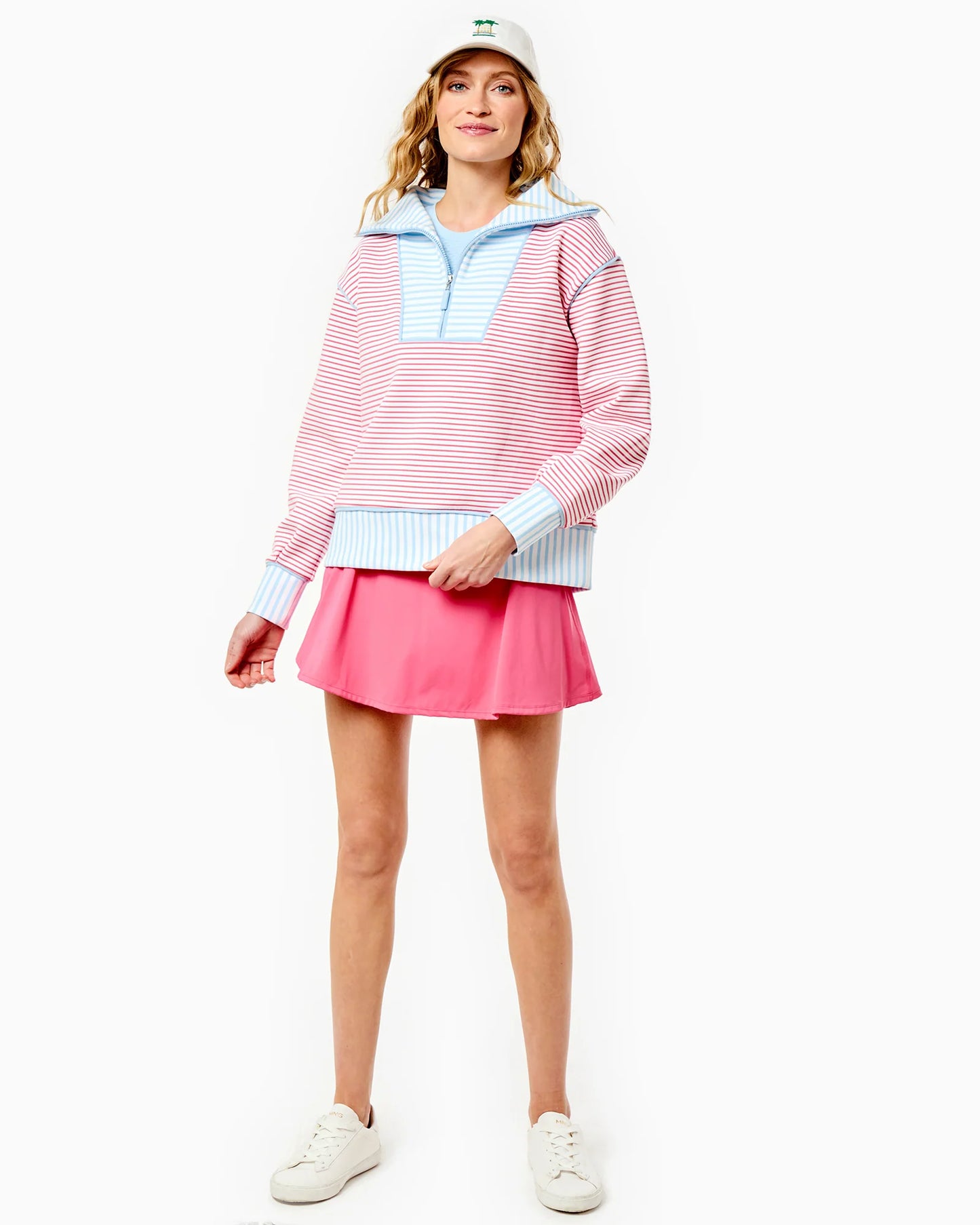 Polished Double Knit Alley Quarter Zip - Guava/Baby Blue Stripe