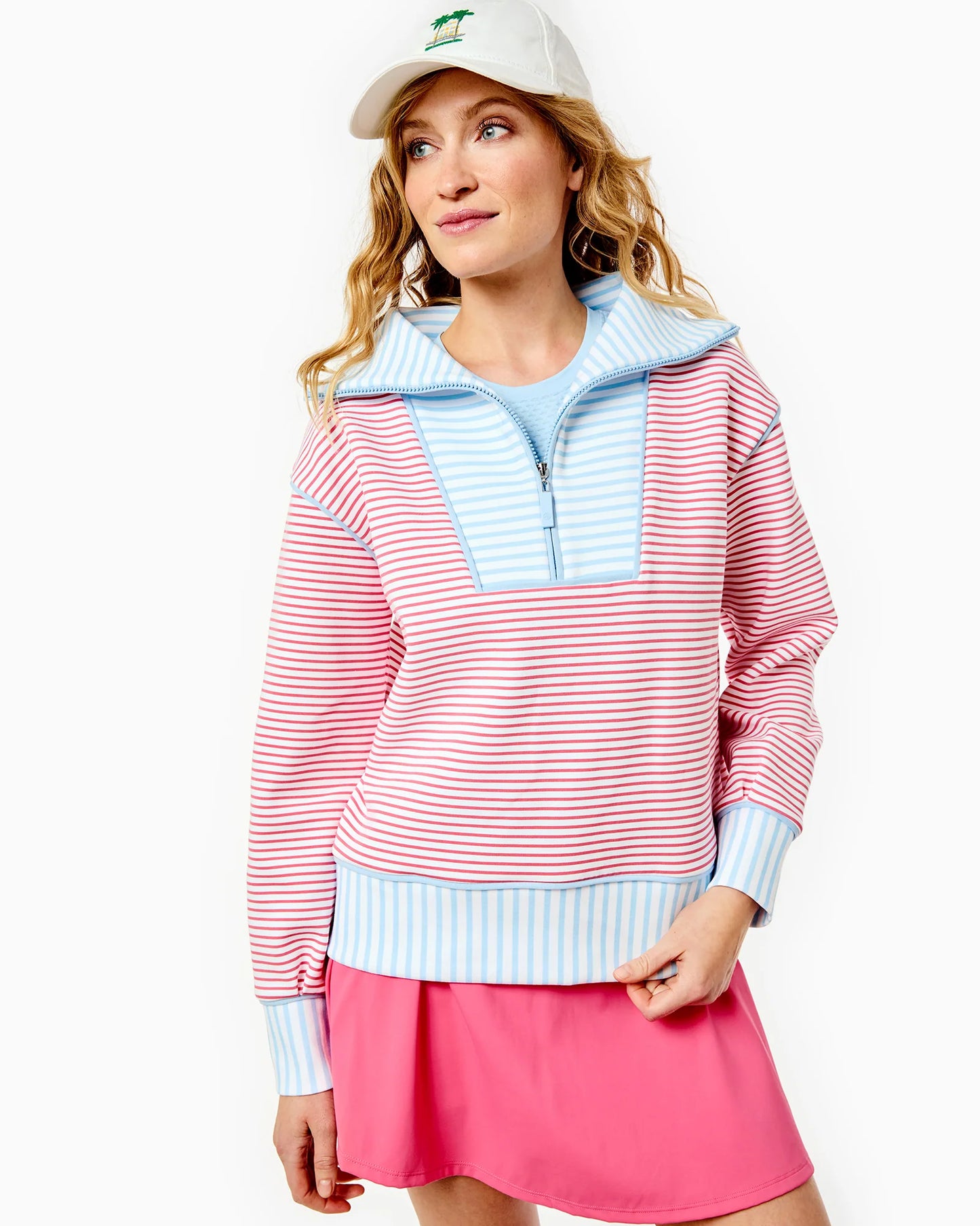 Polished Double Knit Alley Quarter Zip - Guava/Baby Blue Stripe