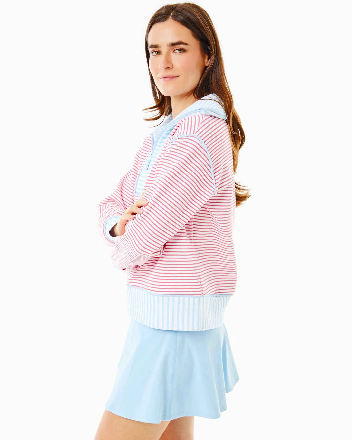 Polished Double Knit Alley Quarter Zip - Guava/Baby Blue Stripe