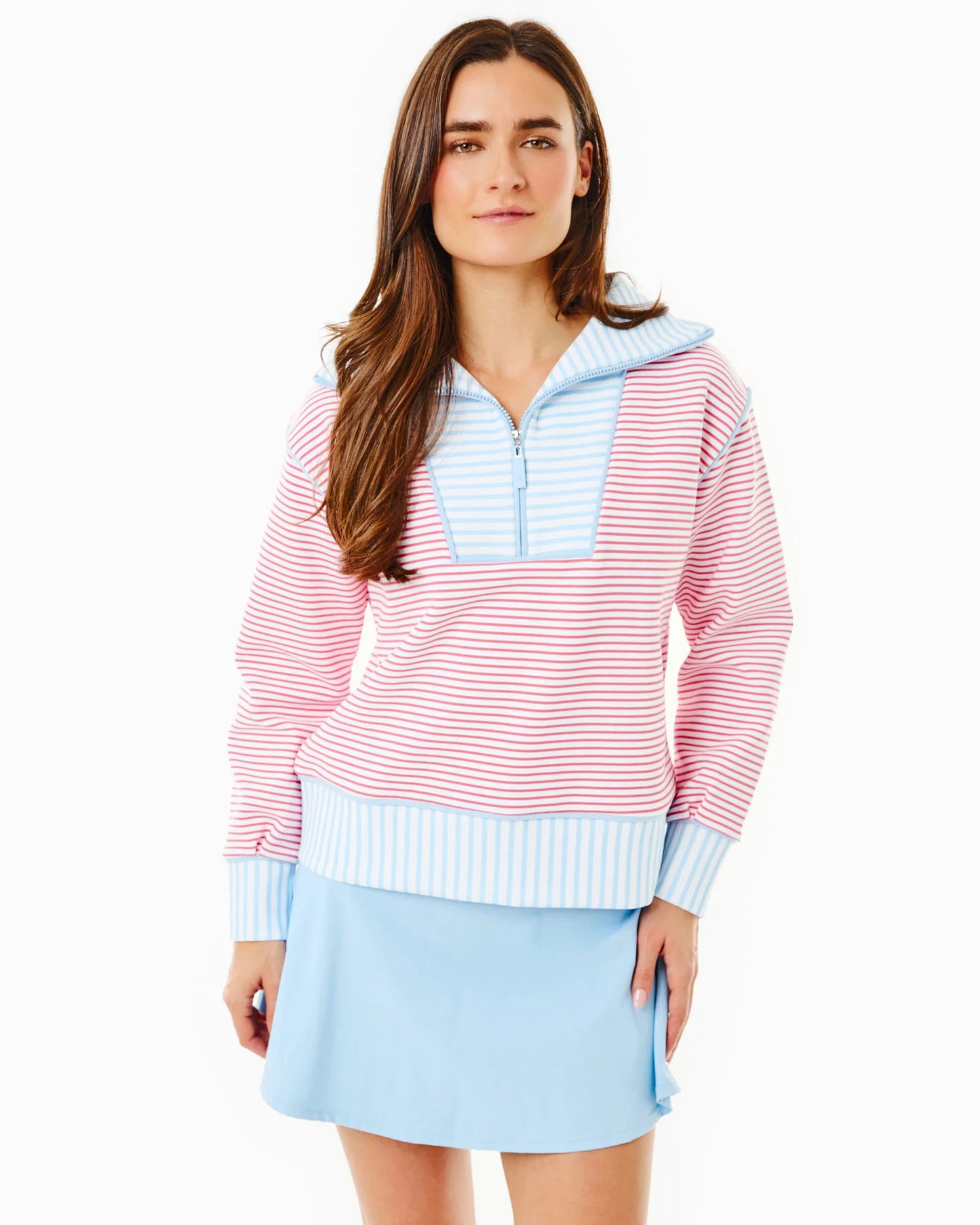 Polished Double Knit Alley Quarter Zip - Guava/Baby Blue Stripe