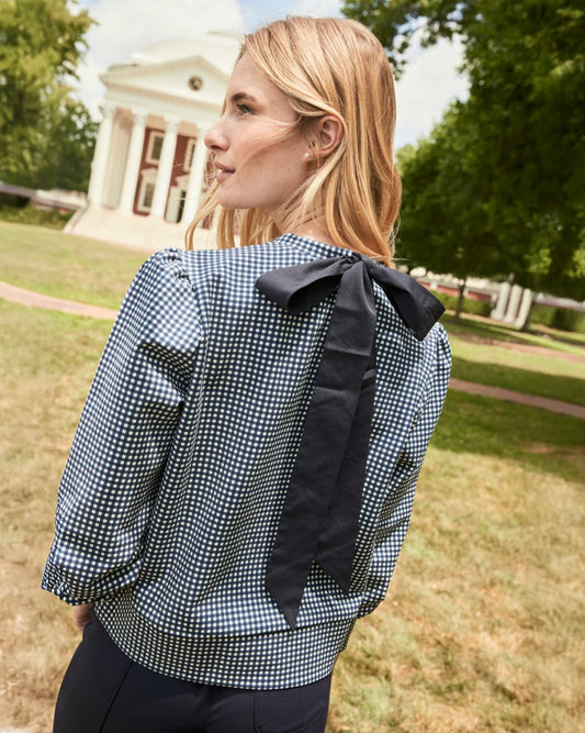 Ponte Beta Bow Pullover Sweatshirt - Navy Gingham