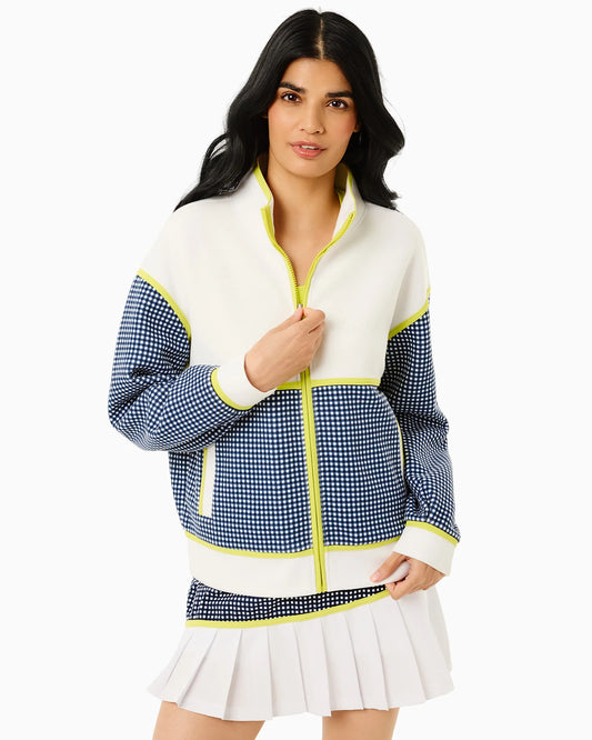 Midweight Double Pique Billie Full Zip Sweatshirt - Super White/Navy Gingham/Chartreuse