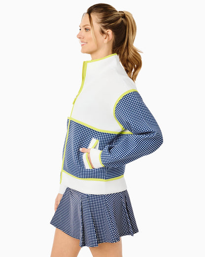 Midweight Double Pique Billie Full Zip Sweatshirt - Super White/Navy Gingham/Chartreuse
