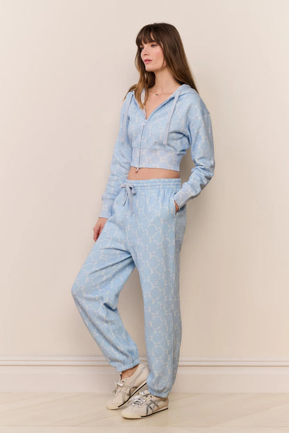 Arienne Cropped Bow Print Hoodie - Chilled Blue