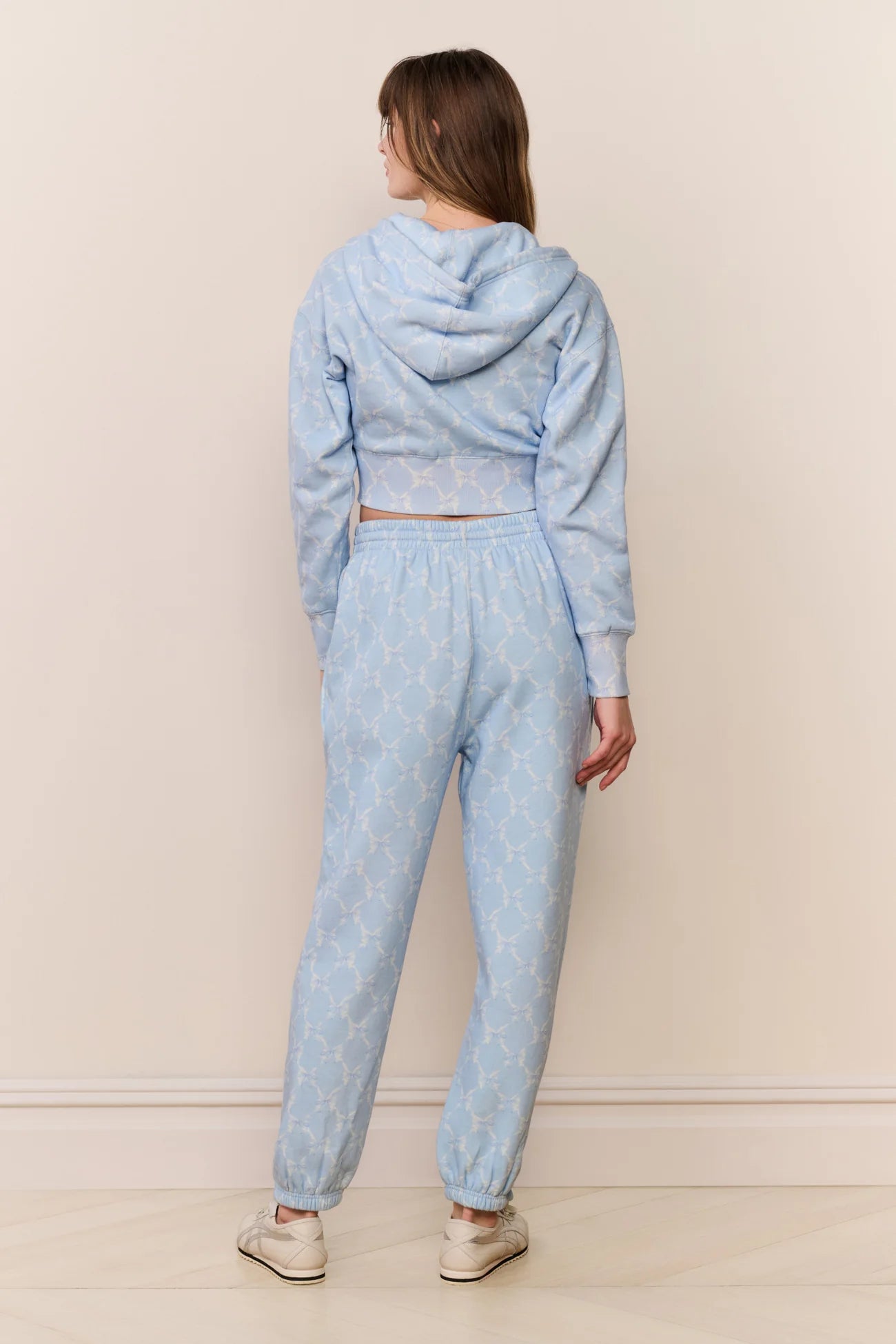 Arienne Cropped Bow Print Hoodie - Chilled Blue