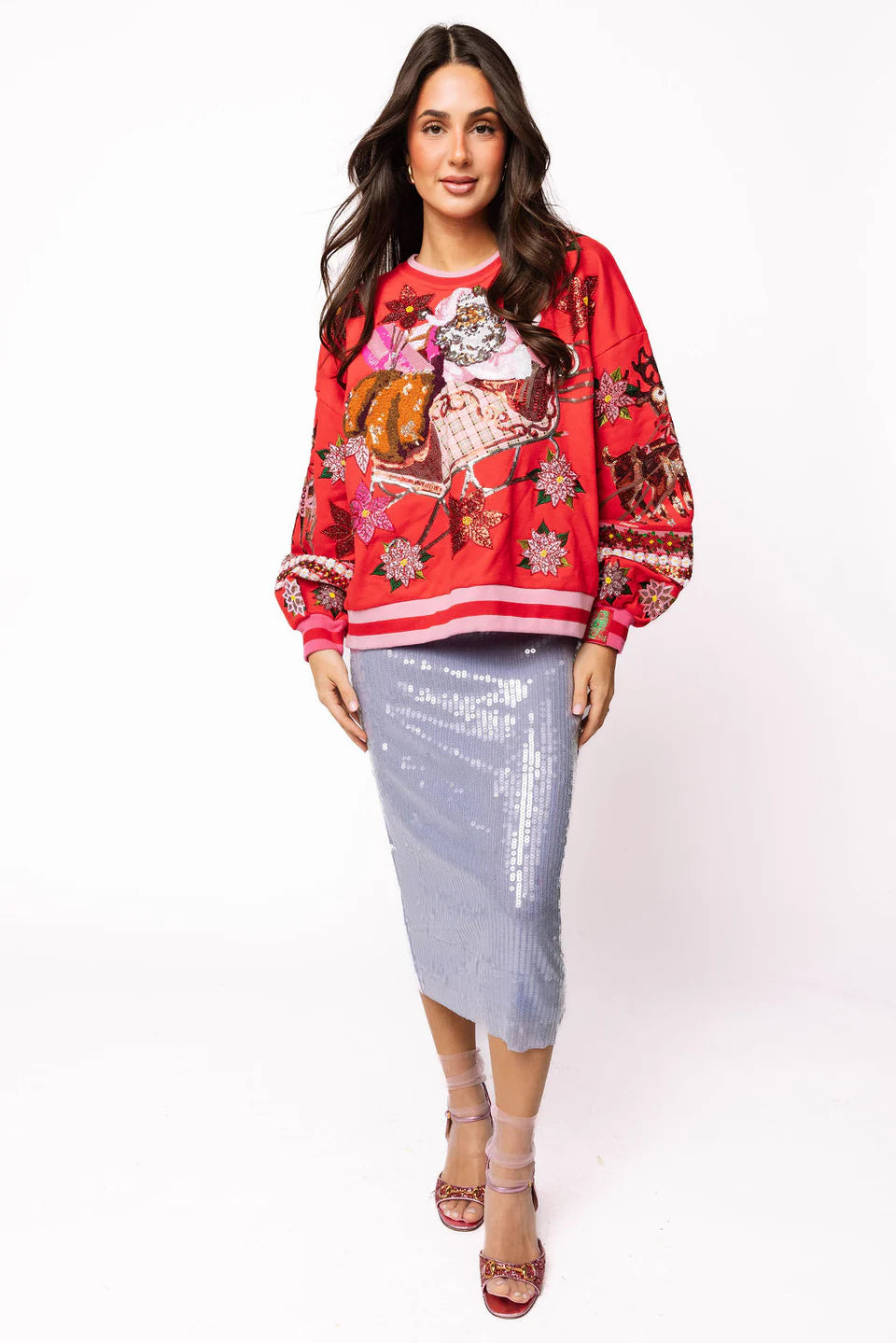 Red & Pink Vintage Poinsettia Santa Sweatshirt