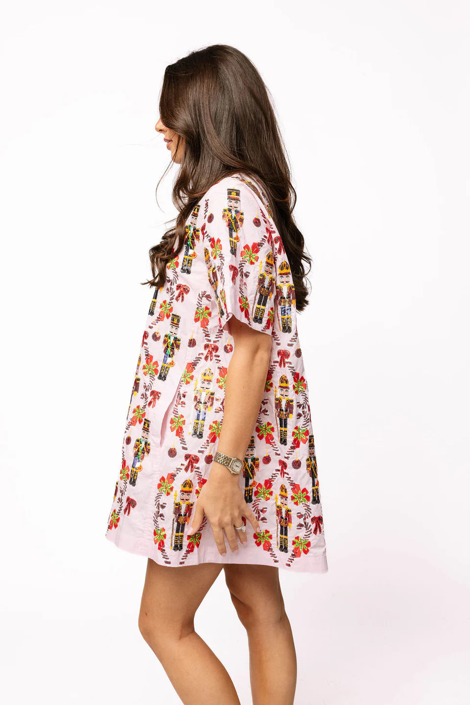 Light Pink Cotton Nutcracker & Candy Cane Short Sleeve Dress