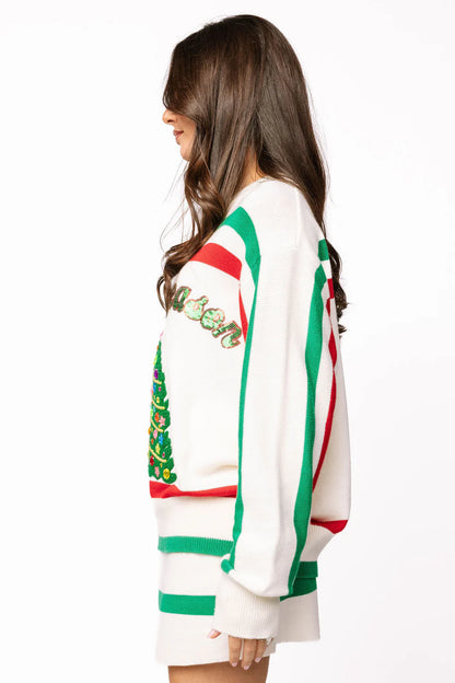 White, Red & Green Stripe 'Sparkle Season' Long Sleeve Sweater
